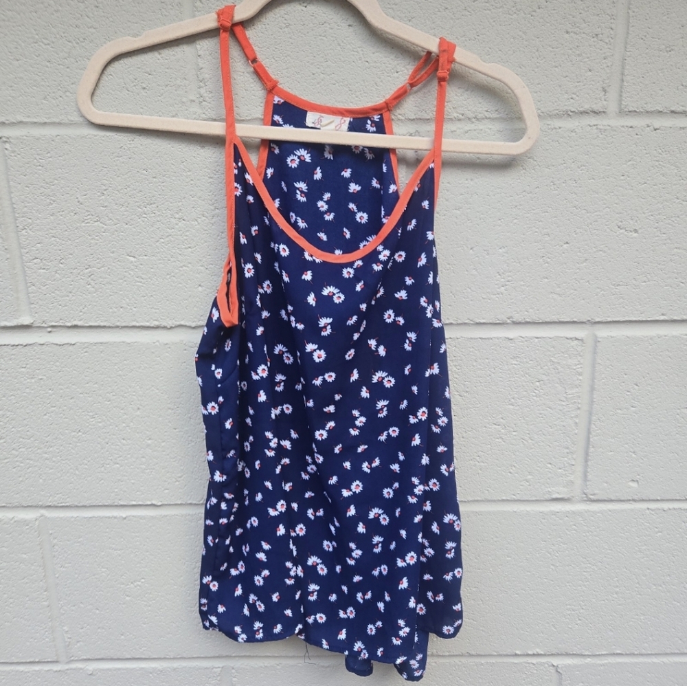 L8ter- Women's- Tanktop- Blue with White and Orange Daisies- Size Medium
